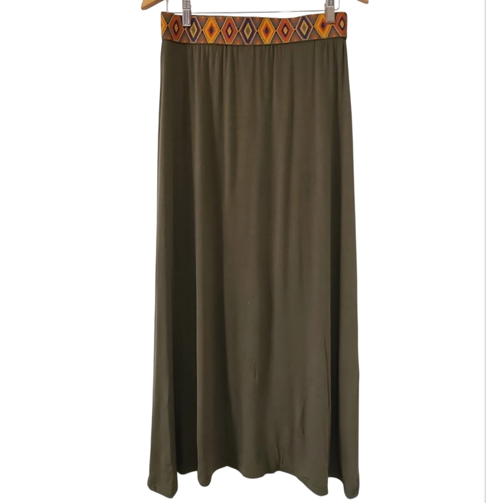 TWIK Olive Green Maxi Skirt Aztec Pattern Waistband Large Cottagecore Festival